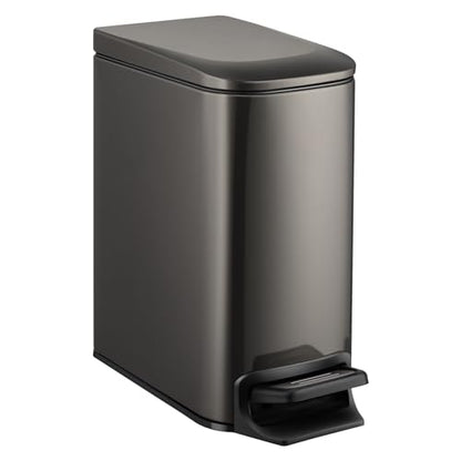 TIPGO Slim Bathroom Trash Can with Lid Soft Close, 6 Liter / 1.6 Gallon Stainless Steel Garbage Can with Removable Inner Bucket, Step Pedal, Small Trash Cans for Bedroom, Office, Kitchen (Black Gold) - color: Black Gold