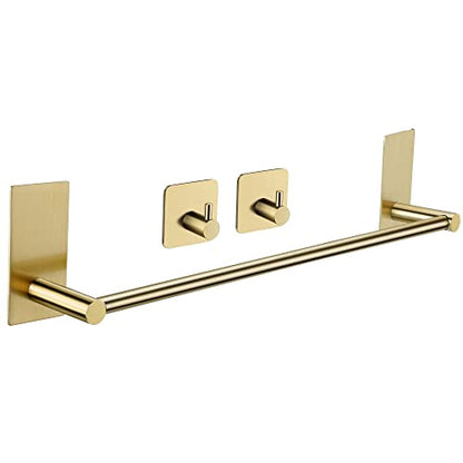 Taozun Golden Towel Bar - Self Adhesive Towel Holder + 2 Packs Hooks, 16-in | Brushed Brass Finish, SUS304 Stainless Steel, Rustproof, No Drilling, Ideal for Bathroom, Kitchen, RV - color: Gold New, size: 16-Inch