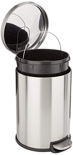 Amazon Basics Round Cylindrical Trash Can with Soft-Close Lid, Foot Pedal, Removable Inner Bucket, Smudge Resistant, 20 l/5.3 gallon, Brushed Stainless Steel