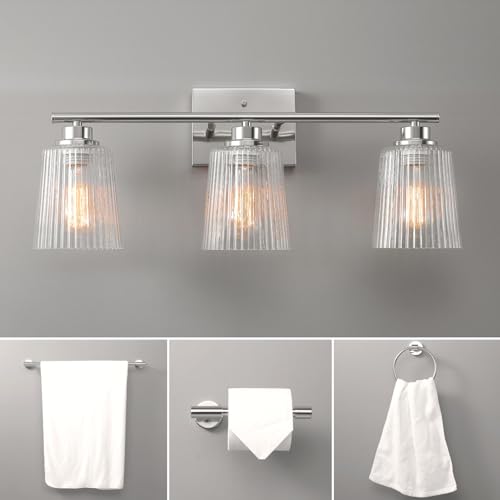 Globe Electric 4-Piece All-in-One Bathroom Set, Chrome Finish, 3-Light Vanity Light with Clear Ribbed Glass Shades, Towel Bar, Toilet Paper Holder, Towel Ring - color: Silver