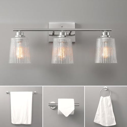 Globe Electric 4-Piece All-in-One Bathroom Set, Chrome Finish, 3-Light Vanity Light with Clear Ribbed Glass Shades, Towel Bar, Toilet Paper Holder, Towel Ring - color: Silver