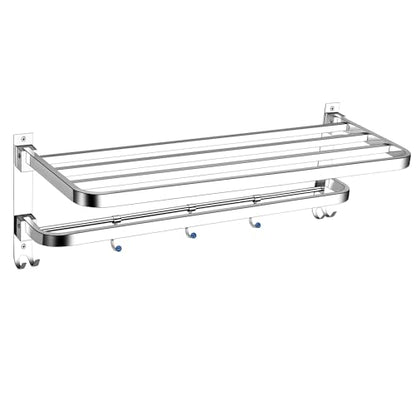 Crome Finished Foldable Towel Rack with Hooks – Wall Mounted Stainless Steel Double dacker Bathroom Shelf for Towels, Bathrobes & Storage | Rust-Resistant, Space-Saving Design for Modern Bathrooms - color: Crome Finish