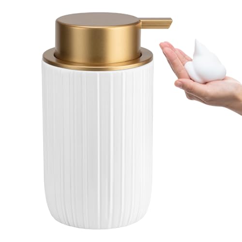 Soap Foaming Dispenser Ceramic with Easy-to-Press Pump Hand Foam Dispenser for Shampoo Bathroom Countertop 13.5 oz - color: Foam-stripes Goldwhite