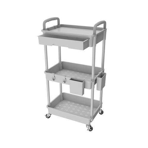 3 Tier Rolling Utility Cart with Drawer,REBECAT Utility Cart Made of Multifunctional Storage Organizer Tool for Kitchen,Bathroom,Living Room,Office(Gray) - color: Gery