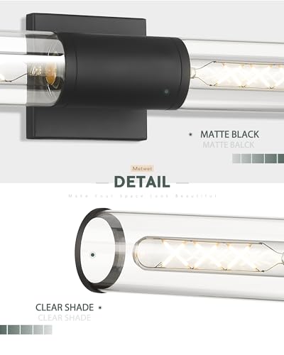 2-Pack Black Bathroom Vanity Light Fixtures, Clear Glass Shades | 2-light modern bathroom wall sconces, vertical or horizontal mount, E26 base, hardwired, bulbs not included, VL834-MB-2PK - color: Black-Clear Glass, 2-Pack