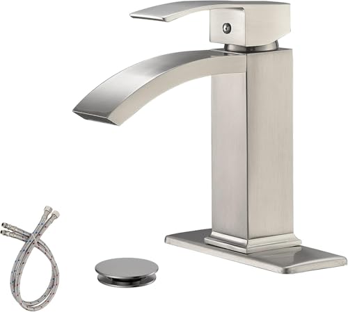 Brushed Nickel Waterfall Bathroom Faucet for 1 or 3 Holes, Brass - color: Brushed Nickel, size: Short