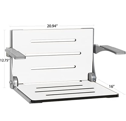 Seachrome Silhouette Comfort Folding Wall Mount Shower Bench Seat with Arms, White Seat with Silver Frame - color: White Seat With Silver Frame and Silver Arm Pads