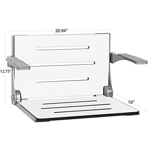 Seachrome Silhouette Comfort Folding Wall Mount Shower Bench Seat with Arms, White Seat with Silver Frame - color: White Seat With Silver Frame and Silver Arm Pads