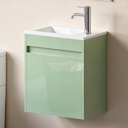 wonline 16" Floating Bathroom Vanity with Sink, Wall Mounted Resin Basin Cabinet Combo for Small Bathrooms, High Gloss Green, Includes Chrome Faucet & Pop Up Drain - color: Green