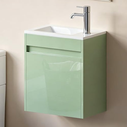 wonline 16" Floating Bathroom Vanity with Sink, Wall Mounted Resin Basin Cabinet Combo for Small Bathrooms, High Gloss Green, Includes Chrome Faucet & Pop Up Drain - color: Green