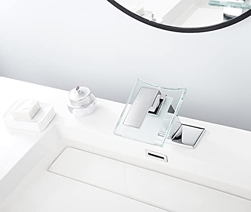 Waterfall Bathroom Sink Faucet Glass Spout One Handle with Deck Plate | Single Hole Basin Vanity Bathroom Sink Faucet Chrome Solid Brass Lavatory Bath Tap Modern Design - color: Chrome, style: No Led light