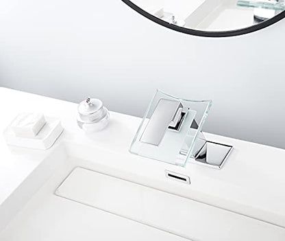 Waterfall Bathroom Sink Faucet Glass Spout One Handle with Deck Plate | Single Hole Basin Vanity Bathroom Sink Faucet Chrome Solid Brass Lavatory Bath Tap Modern Design - color: Chrome, style: No Led light