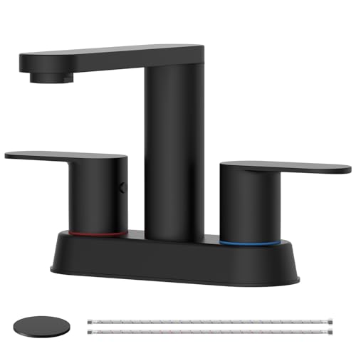 BWE Matte Black Bathroom Faucets 4 Inch Centerset Faucet for Bathroom Sink | 2 or 3 Hole Basin 2-Handle 360° Swivel Spout Bathroom Sink Faucet with Pop up Drain Water Supply Hose for Farmhouse Vanity RV - color: Matte Black, size: 4 Inches Centerset