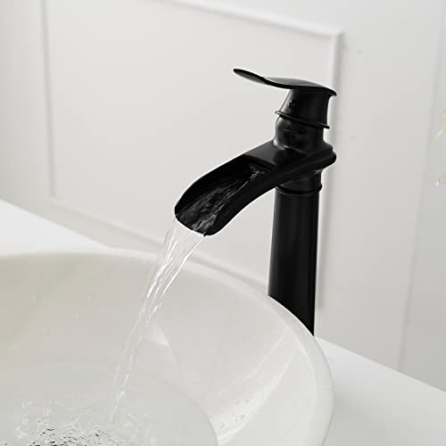 BWE Vessel Sink Faucet Waterfall Matte Black Bathroom Faucets Single Hole | Single Handle Bathroom Sink Faucet Tall Vessel Brass Faucet with Pop Up Drain and Water Supply Line,Solid Brass - color: Matte Black, size: 11.81 inch Vessel Version