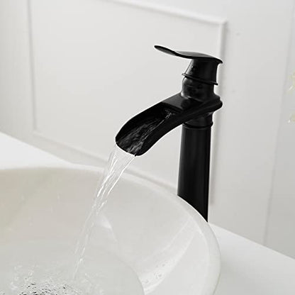BWE Vessel Sink Faucet Waterfall Matte Black Bathroom Faucets Single Hole | Single Handle Bathroom Sink Faucet Tall Vessel Brass Faucet with Pop Up Drain and Water Supply Line,Solid Brass - color: Matte Black, size: 11.81 inch Vessel Version