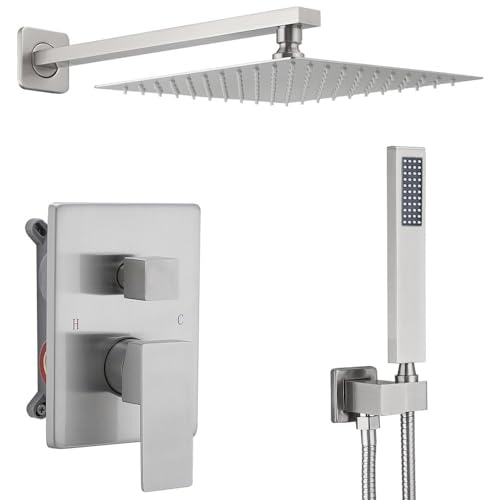 Brushed Bathroom Luxury Rain Mixer Combo Set Wall Mounted Rainfall Shower Head System, Shower Head System Shower Faucet Rough-in Valve Body and Trim Included - color: Brushed Nickel, style: 10"- 2 Function