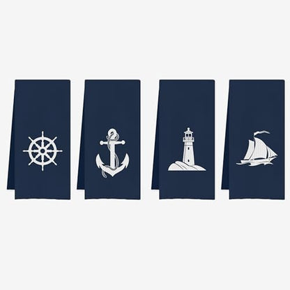 IWXYI Navy Blue Nautical Kitchen Towels - Nautical Dish Towels and Bathroom Hand Towels Set of 4 - color: 4towel2