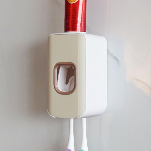 2 Slot Toothbrush Holder and Toothpaste Dispenser Wall Mounted, Automatic Toothpaste Squeezer, 2 in 1 Tooth Brush Toothpaste Organizer for Shower (Ivory Yellow) - color: Ivory Yellow, size: 1