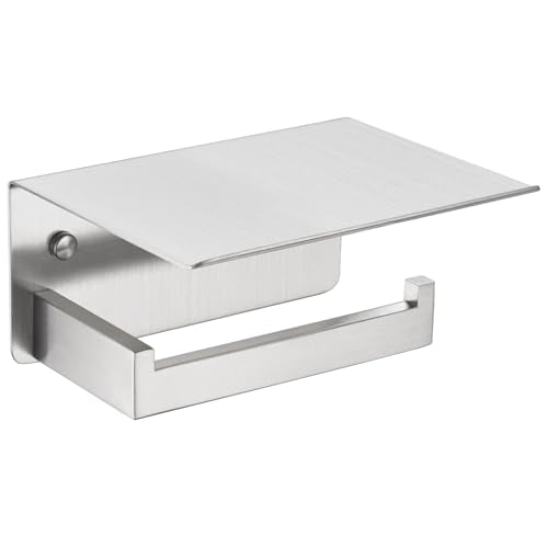 Toilet Roll Holder with Shelf, Brushed Nickel, 304 Stainless Steel | Phone & Small-Item Storage, Clean Modern Look, Guest Bathroom & Powder Room Use, Concealed Screw Mounting - color: Brushed Nickel, size: Single Rod