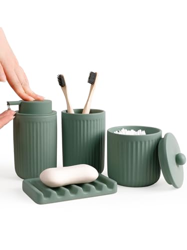 INGOFIN 4 Pcs Ceramic Bathroom Accessory Set - Liquid Soap Dispenser, Toothbrush Holder,Contain Cotton Swab Jar & Soap Dish,Countertop Accessories for Home, Guest Bathroom, Office, Matte Green