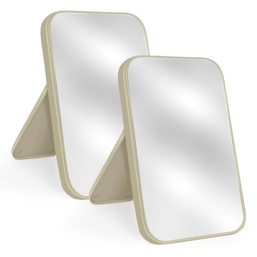 2Pcs Table Desk Vanity 8-Inch Makeup Mirror, Simple Portable Travel Mirror with Stand, Standing and Wall Hanging Dual-use Beige - color: 2pcs-beige