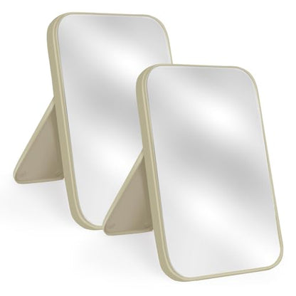 2Pcs Table Desk Vanity 8-Inch Makeup Mirror, Simple Portable Travel Mirror with Stand, Standing and Wall Hanging Dual-use Beige - color: 2pcs-beige