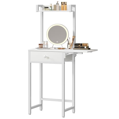 Small Vanity Desk Without Mirror, Makeup Vanity Table for Small Space, Compact White Dressing Table with Fold-up Panel and Fabric Drawer, for Bedroom, Easy Assembly, White
