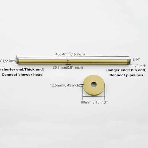 RANDOM Shower Arm with Flange,Gold 16 Inches Ceiling Mount Shower Head Extension Arm Straight Arm Ceiling-Mounted For Fixed Shower Head,Brushed Gold.RD91038-16BG - color: 16″ Brushed Gold(Round Flange)