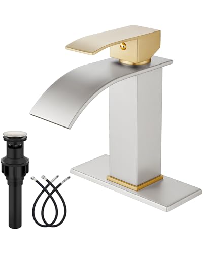 Midanya Waterfall Bathroom Faucet 1 Hole,Brushed Gold Handle/Brushed Nickel | with 24” Hoses,Pop Up Drain,6” Deck Plate,for 1 or 3 Hole Vanity,Lavatory,RV,Single Handle Bathroom Sink Faucet,NSF Certified - color: Gold Handle/Nickel