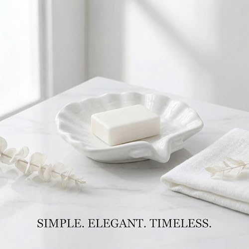 Ceramic Soap Holder, Sea-Shell Soap Tray with Self Draining, Soap Tray for Sink Washroom Bathroom Shower, Small Cute and Elegant Holder with Glaze, Easy Cleaning (White) - color: White