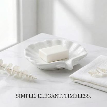 Ceramic Soap Holder, Sea-Shell Soap Tray with Self Draining, Soap Tray for Sink Washroom Bathroom Shower, Small Cute and Elegant Holder with Glaze, Easy Cleaning (White) - color: White