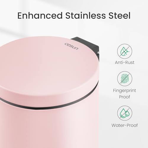 Cesun Small Round Bathroom Trash Can with Lid Soft Close, 1.2 Gal, Pink | Removable Inner Bucket, Stainless Steel Garbage Can for Bedroom/Office, Hands-Free Step Pedal, Fingerprint-Resistant - color: Pink
