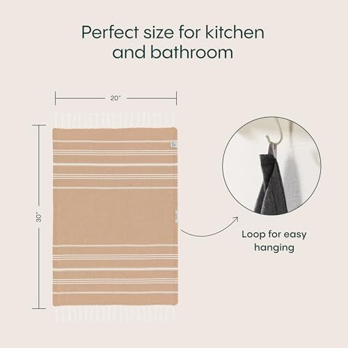 WETCAT Turkish Hand Towels with Hanging Loop, Set of 2 (20" x 30") 100% Turkish Cotton, Pre-Washed, Quick Drying, for Kitchen or Bathroom - Tawny Brown - color: Tawny Brown