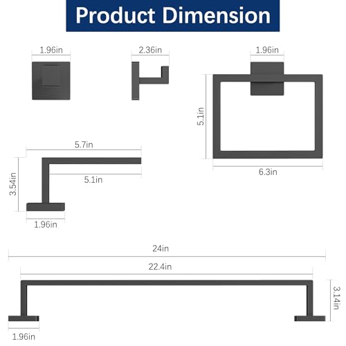 Gypie 5-Piece Bathroom Accessories Set, 24-in Towel Racks Wall Mounted Stainless Steel, Towel Hardware Set Matte Black - color: Black 5 Piece, size: 24 Inch