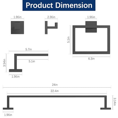 Gypie 5-Piece Bathroom Accessories Set, 24-in Towel Racks Wall Mounted Stainless Steel, Towel Hardware Set Matte Black - color: Black 5 Piece, size: 24 Inch