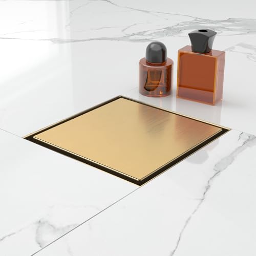 6 Inch Square Shower Drain-Brushed Gold, with Tile Insert Grate | AISI 304 Stainless Steel Shower Drain, Shower Floor Drain with Hair Catcher, Fits Bathroom, Balcony - color: Brushed Gold, size: 6 Inch