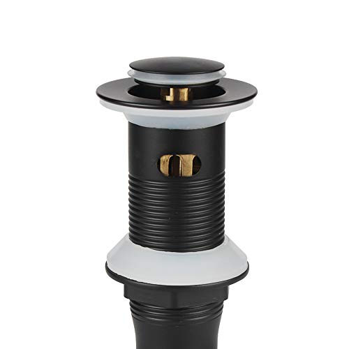 Bathroom Sink Pop Up Drain with Overflow, Strainer, Black | Solid Brass with Detachable Basket Strainer; 7 in. Closed/7.5 in. Open; 1-1/2 in. Min Drain Opening; Push-button Stopper - color: Black, size: Small Popup Cap