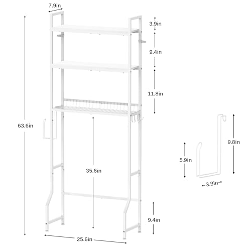Over Toilet Bathroom Organizer with Toilet Paper Holder | White Over the Toilet Shelf, Over the Toilet Storage Cabinet, Heavy Duty Metal 3 Tier Bathroom Organizer Shelf with 3 Hooks - color: White