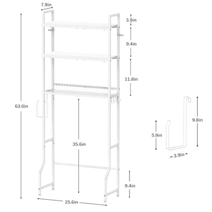 Over Toilet Bathroom Organizer with Toilet Paper Holder | White Over the Toilet Shelf, Over the Toilet Storage Cabinet, Heavy Duty Metal 3 Tier Bathroom Organizer Shelf with 3 Hooks - color: White
