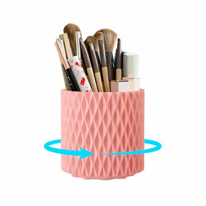 Pink Makeup Brush Holder, 360° Rotating Makeup Organizer | Cute 5-slot spinning vanity caddy for makeup brushes, lipstick & hair accessories — bathroom, dorm & office desk - style: Pink