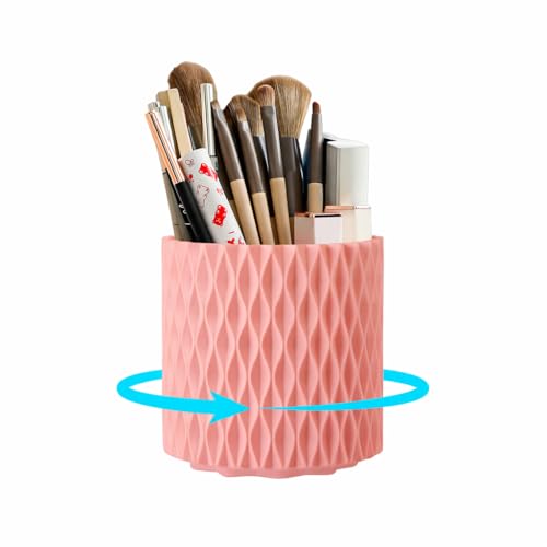 Pink Makeup Brush Holder, 360° Rotating Makeup Organizer | Cute 5-slot spinning vanity caddy for makeup brushes, lipstick & hair accessories — bathroom, dorm & office desk - style: Pink