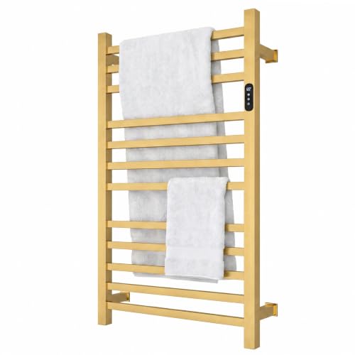 Luxury Gold Towel Warmer Rack for Bathroom, Wall Mounted Electric Heated Towel Rack with Timer & Fahrenheit Temperature Control, 12 Bar Stainless Steel Towel Heater for Bathroom(Brushed Gold) - size: 12 Bar