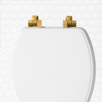Mayfair Bennett Toilet Seat with Brushed Gold Hinges, Slow Close Wood Seat, Secure Metal Hinges, Easy Install, Made in USA, Round, White - color: Gold, size: Round