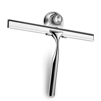 BININBOX Shower Squeegee for Shower Doors, Window, Bathroom, Mirror and Car Glass, All-Purpose Cleaning Squeegee with Powerful Suction Cup Hooks Holder – Stainless Steel, 10 Inches. (Black)