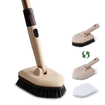 Eyliden Shower Scrubber with Long Handle, 2 Type Head, Tile Tub Scrub Brush | 49" Handle, 2 Different Function Cleaning - 1 Stiff Bristle + 2 Non-Scratch Pads, for Bathroom Grout Sink Glass Kitchen Floor