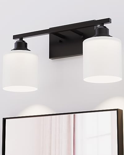 Modern Bathroom Lights - 2-Light Vanity Fixtures with Milky White Glass Shades, Anti-Rust Matte Black Finish, E26 Base - color: Black-2 Light