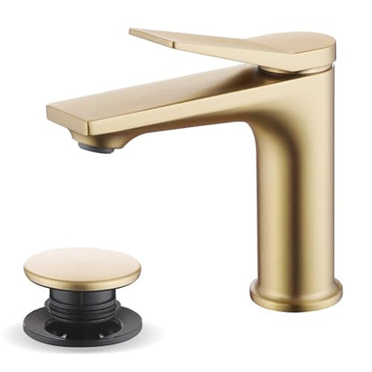 Rbrohant Single Hole Bathroom Faucet, Brushed Gold Single Handle Bathroom Sink Faucets for 1 Hole, Bathroom Vanity Faucet with Pop up Drain, Deck Mount, R2001-BG - color: Brushed Gold, style: No Escutcheon