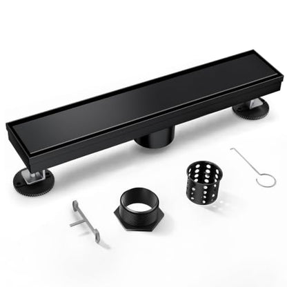 Linear Shower Drain, 304 Stainless Steel with Adjustable Leveling Feet, Hair Strainer,Reversely Install Place to Create an Invisible Floor Drain - Black -16-Inch - color: Matte Black, size: 16inch