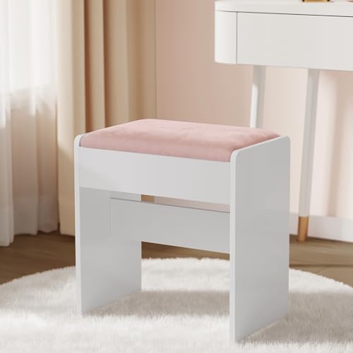 VASAGLE KAILYN Collection - Velvet Vanity Stool, Upholstered Makeup Stool, Modern Footrest with Anti-Slip Pads, for Makeup Room, Bedroom, Entryway, Matte White and Jelly Pink URDS001W01S - style: 17.7"W Vanity Stool-Matte White + Jelly Pink
