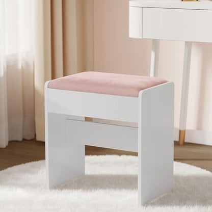 VASAGLE KAILYN Collection - Velvet Vanity Stool, Upholstered Makeup Stool, Modern Footrest with Anti-Slip Pads, for Makeup Room, Bedroom, Entryway, Matte White and Jelly Pink URDS001W01S - style: 17.7"W Vanity Stool-Matte White + Jelly Pink